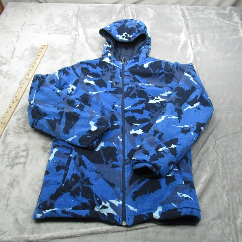 Columbia Jacket Kids XL Blue Camo Reversible Puffer Hooded Insulated Rain Winter